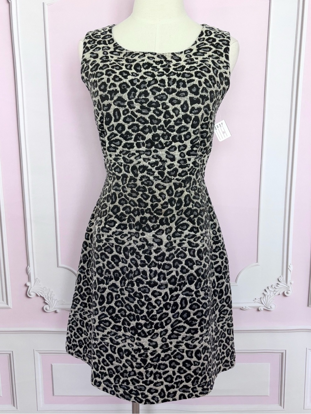 MOLLY BRACKEN Sleeveless Black & Cream Leopard Print Fit-and-Flare Dress--EUC--M